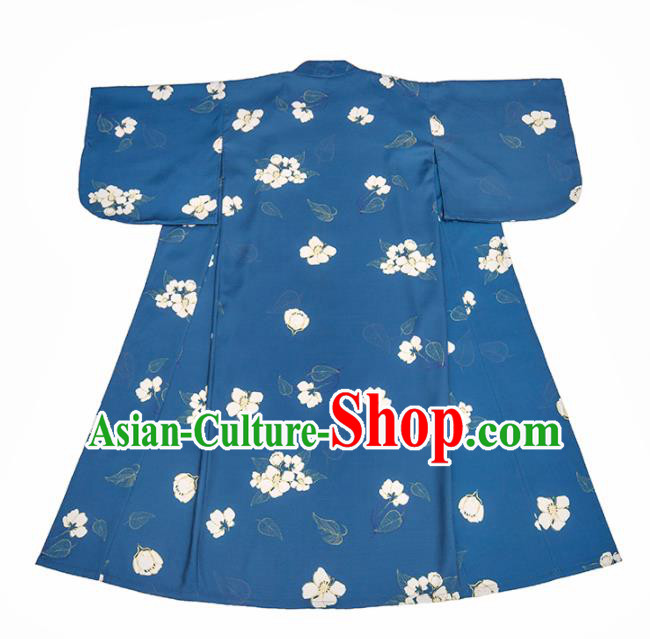 Handmade Japanese Traditional Costume Printing Flowers Blue Furisode Kimono Dress Asian Japan Yukata for Women
