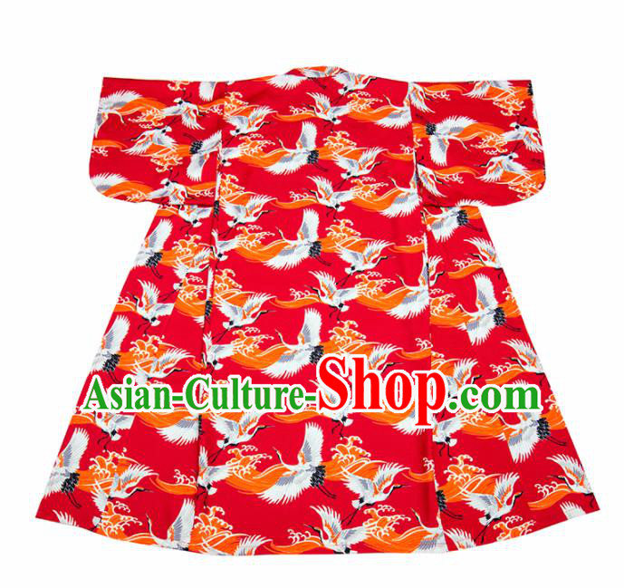 Handmade Japanese Traditional Costume Printing Cranes Red Furisode Kimono Dress Asian Japan Yukata for Women