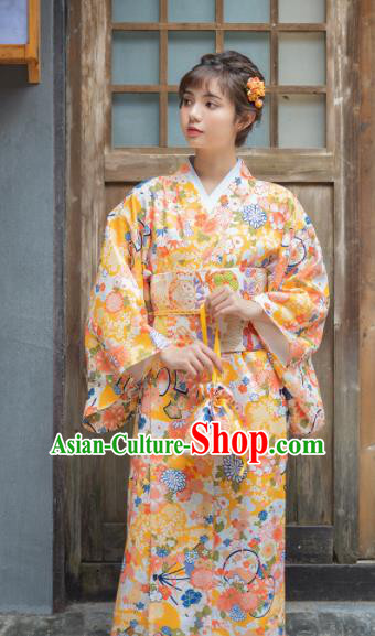 Handmade Japanese Traditional Costume Printing Yellow Furisode Kimono Dress Asian Japan Yukata for Women