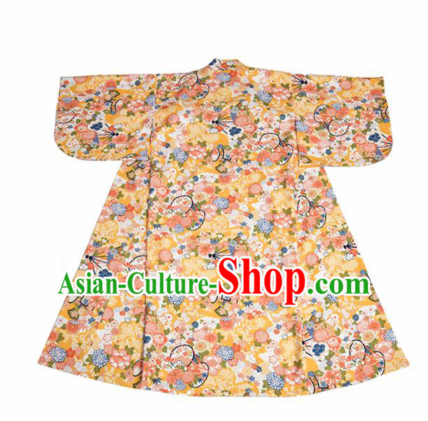 Handmade Japanese Traditional Costume Printing Yellow Furisode Kimono Dress Asian Japan Yukata for Women