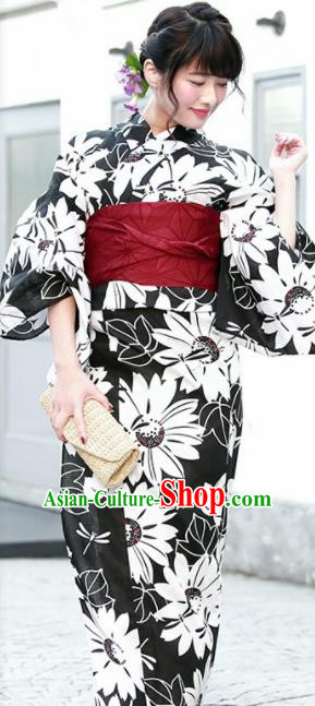 Japanese Traditional Costume Geisha Printing Daisy Black Furisode Kimono Asian Japan Yukata Dress for Women
