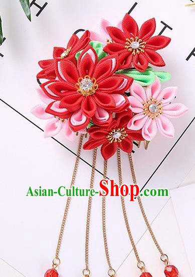 Japanese Traditional Kimono Hair Accessories Handmade Japan Geisha Red Flowers Tassel Hairpins for Women