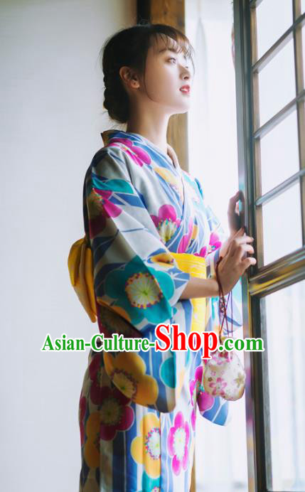 Japanese Traditional Costume Geisha Blue Furisode Kimono Dress Asian Japan Yukata for Women
