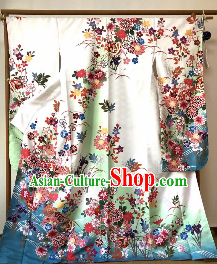 Japanese Traditional Costume Geisha Printing Orchid Green Furisode Kimono Asian Japan Yukata Dress for Women