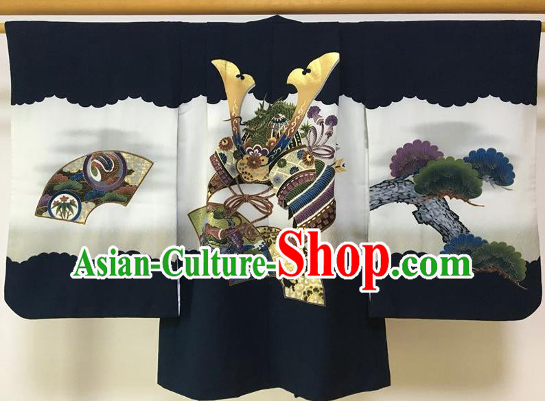 Japanese Traditional Handmade Printing Pine Black Haori Coat Kimono Asian Japan Boys Yukata Costume for Kids