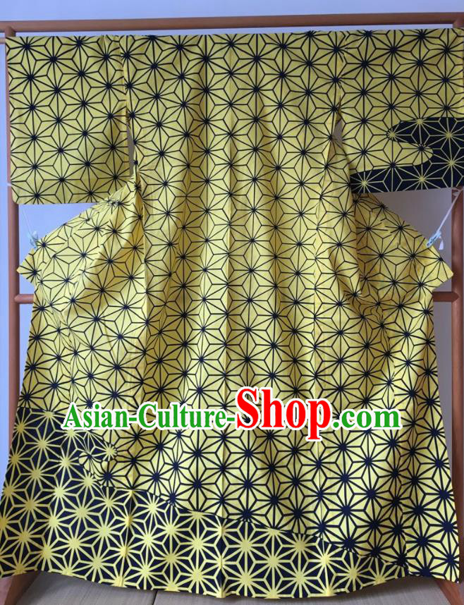 Japanese Traditional Costume Okuni Yellow Furisode Kimono Asian Japan Geisha Yukata Dress for Women
