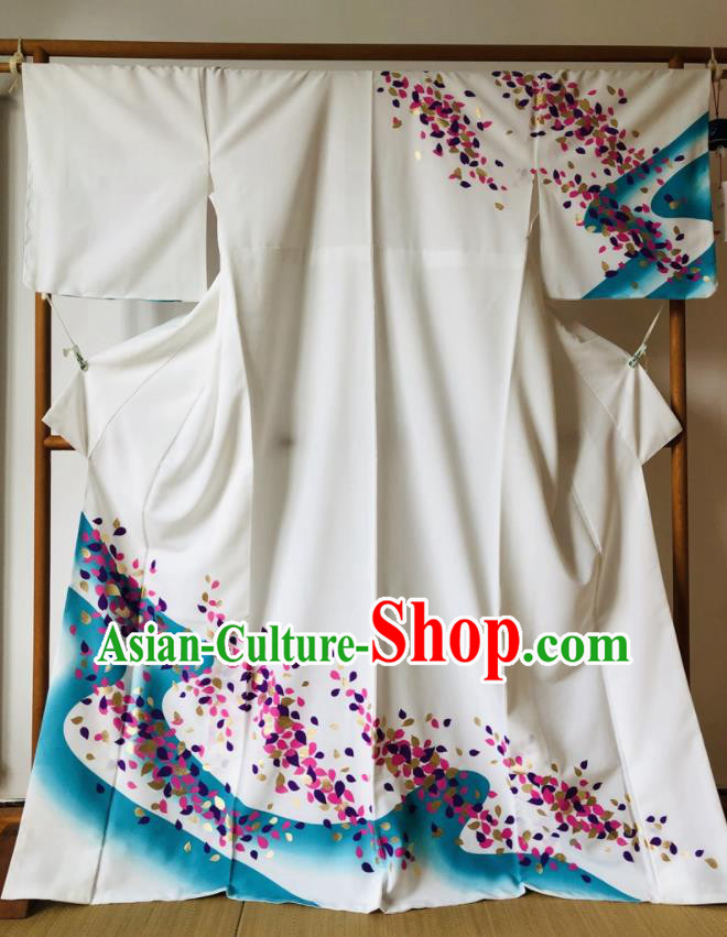 Japanese Traditional Costume Okuni Printing White Furisode Kimono Asian Japan Geisha Yukata Dress for Women