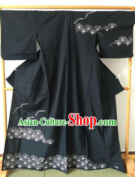 Japanese Traditional Printing Waves Black Furisode Kimono Asian Japan Geisha Yukata Dress Costume for Women
