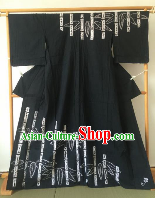 Japanese Traditional Printing Bamboo Black Furisode Kimono Asian Japan Geisha Yukata Dress Costume for Women