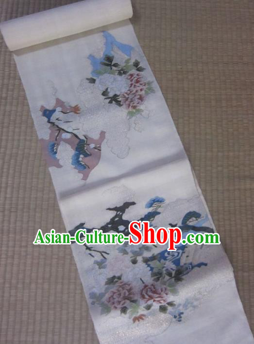 Japanese Traditional Court Yukata Printing Peony White Silk Belts Asian Handmade Japan Geisha Kimono Brocade Waistband for Women