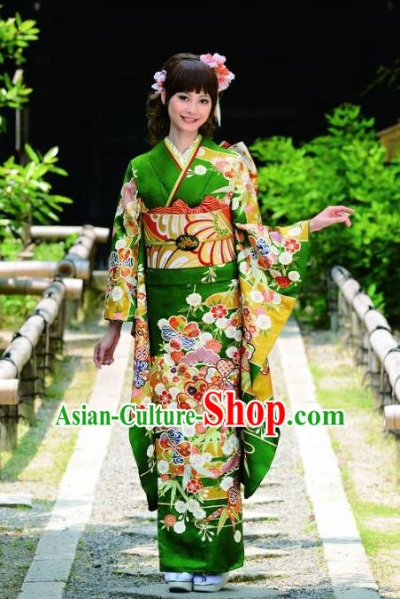 Japanese Traditional Court Green Silk Furisode Kimono Asian Japan Geisha Yukata Dress Costume for Women