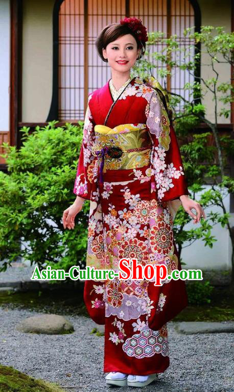 Japanese Traditional Red Furisode Kimono Asian Japan Costume Geisha Yukata Dress for Women