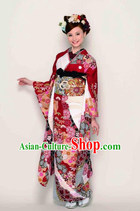 Japanese Traditional Printing Wine Red Furisode Kimono Asian Japan Costume Geisha Yukata Dress for Women