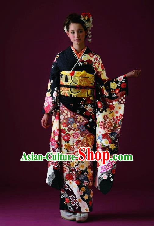 Japanese Traditional Printing Black Furisode Kimono Asian Japan Costume Geisha Yukata Dress for Women