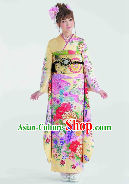 Japanese Traditional Printing Peony Yellow Furisode Kimono Asian Japan Costume Geisha Yukata Dress for Women