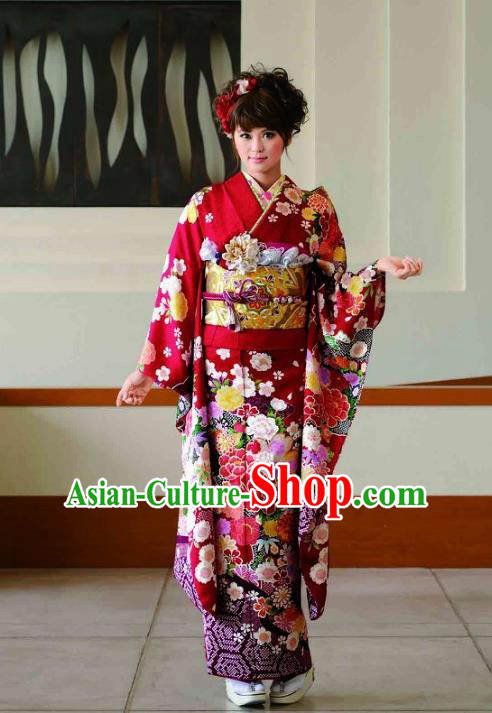 Japanese Traditional Printing Peony Iromuji Red Furisode Kimono Asian Japan Costume Geisha Yukata Dress for Women