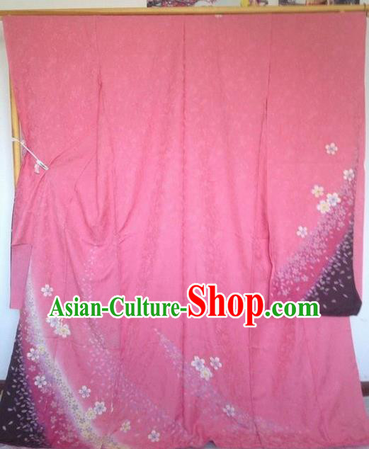 Japanese Traditional Printing Sakura Pink Furisode Kimono Asian Japan Costume Geisha Yukata Dress for Women