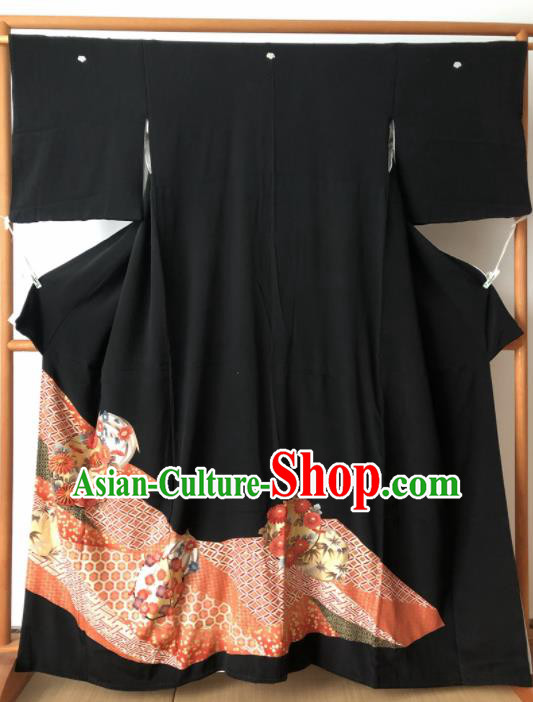 Japanese Traditional Printing Sakura Black Furisode Kimono Asian Japan Costume Geisha Yukata Dress for Women