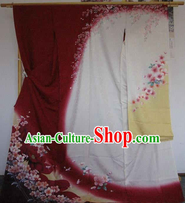 Japanese Traditional Wine Red Silk Furisode Kimono Asian Japan Costume Geisha Yukata Dress for Women