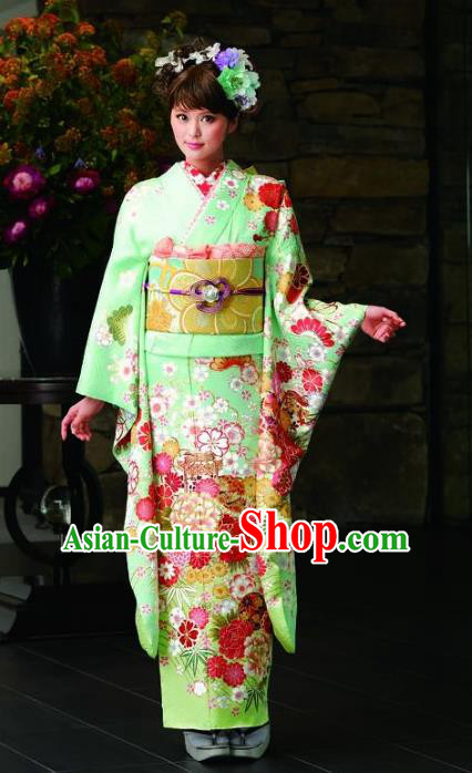 Japanese Traditional Printing Peony Iromuji Green Furisode Kimono Asian Japan Costume Geisha Yukata Dress for Women