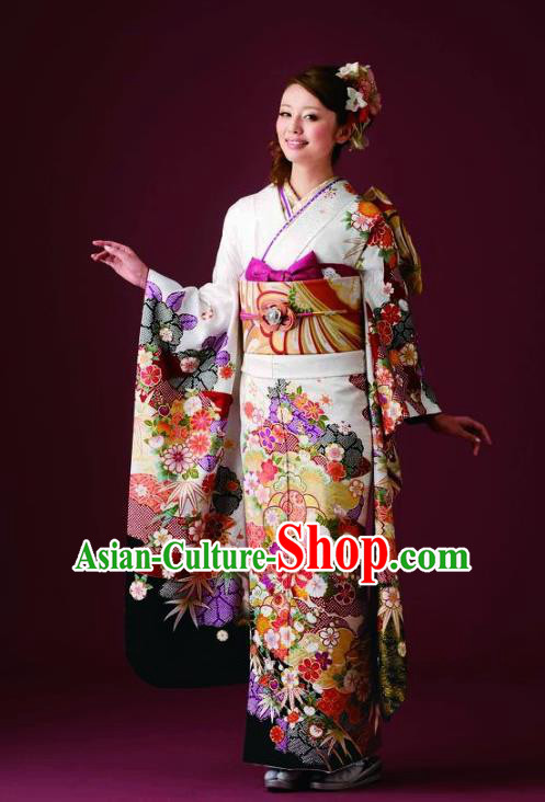 Japanese Traditional Printing Iromuji White Furisode Kimono Asian Japan Costume Geisha Yukata Dress for Women