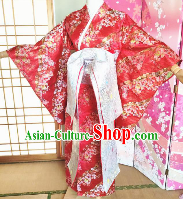 Japanese Traditional Courtesan Red Furisode Kimono Asian Japan Costume Geisha Yukata Dress for Women