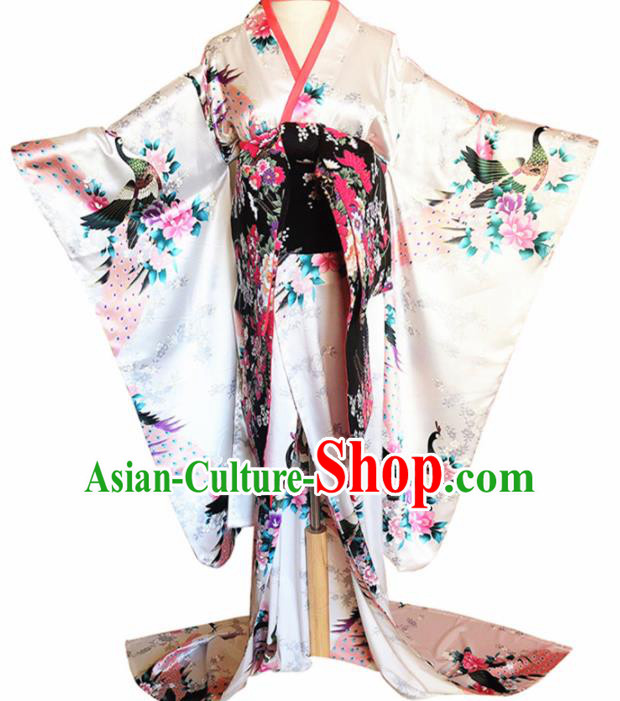 Japanese Traditional Courtesan White Furisode Kimono Asian Japan Costume Geisha Yukata Dress for Women