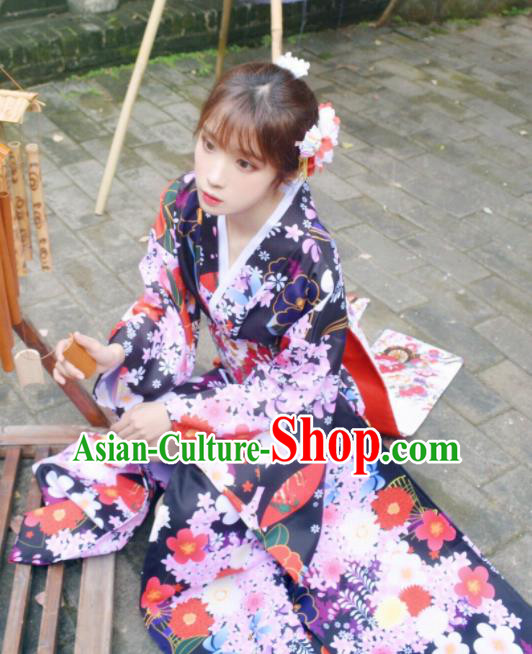 Japanese Traditional Courtesan Printing Sakura Black Furisode Kimono Asian Japan Costume Geisha Yukata Dress for Women