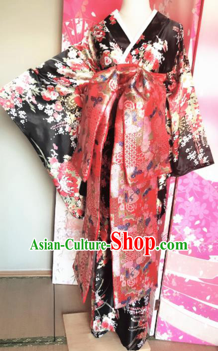Japanese Traditional Courtesan Printing Black Furisode Kimono Asian Japan Costume Geisha Yukata Dress for Women