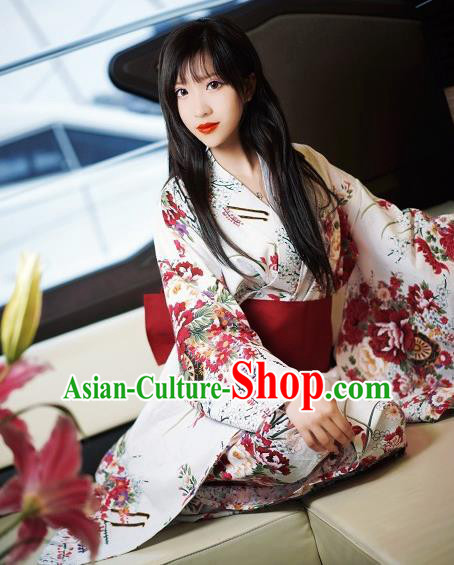 Japanese Traditional Courtesan White Silk Furisode Kimono Asian Japan Costume Geisha Yukata Dress for Women