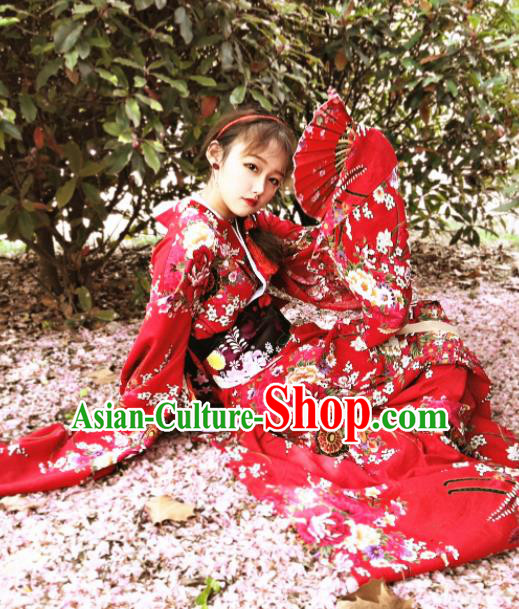 Japanese Traditional Court Courtesan Red Furisode Kimono Asian Japan Costume Geisha Yukata Dress for Women