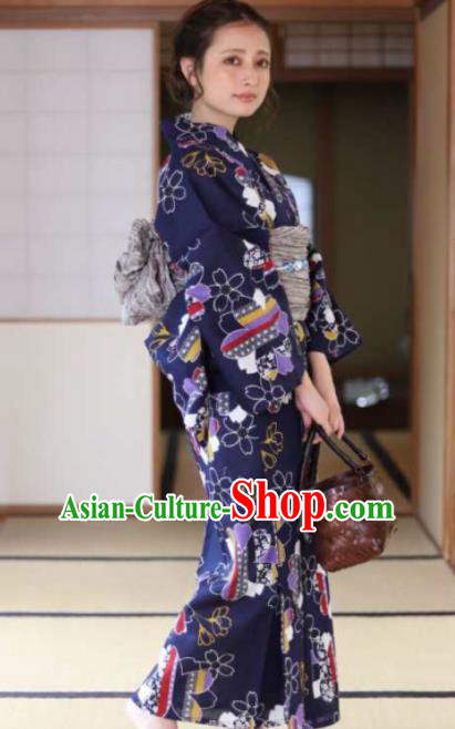 Japanese Traditional Navy Blue Kimono Asian Japan Costume Geisha Yukata Dress for Women
