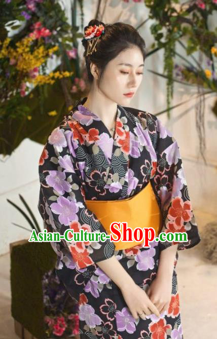 Japanese Traditional Printing Sakura Black Kimono Asian Japan Costume Geisha Yukata Dress for Women
