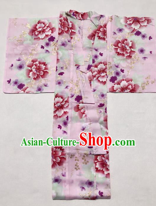 Traditional Japanese Classical Printing Peony Pink Kimono Asian Japan Costume Geisha Yukata Dress for Women