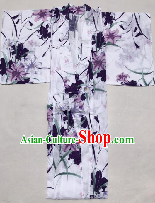 Traditional Japanese Classical Printing Lily Flowers White Kimono Asian Japan Costume Geisha Yukata Dress for Women