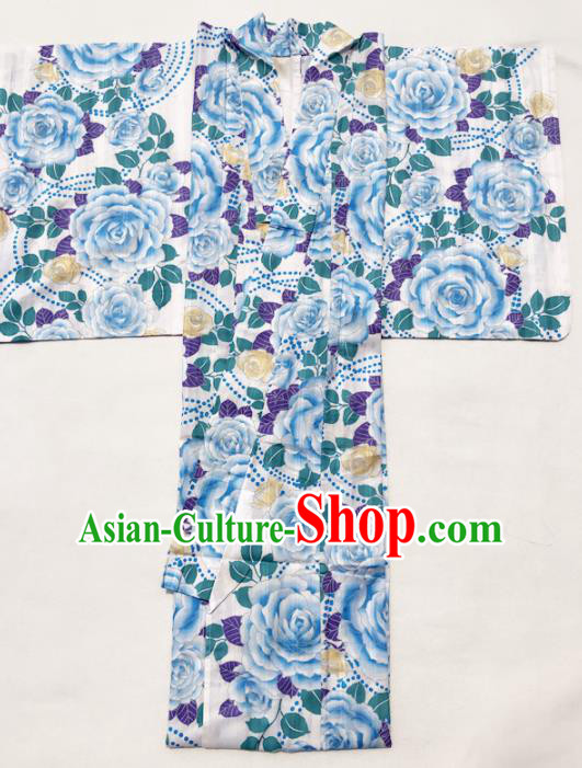 Traditional Japanese Classical Printing Light Blue Peony Kimono Asian Japan Costume Geisha Yukata Dress for Women