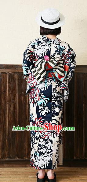 Traditional Japanese Classical Printing Chrysanthemum Kimono Asian Japan Costume Geisha Yukata Dress for Women