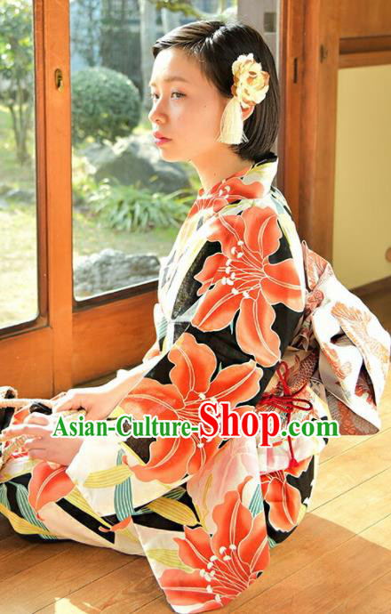 Traditional Japanese Classical Printing Lily Flowers Kimono Asian Japan Costume Geisha Yukata Dress for Women