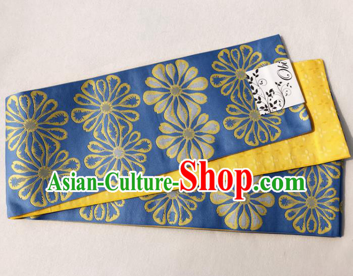Japanese Traditional Double Side Daisy Pattern Blue Yukata Waistband Asian Japan Handmade Kimono Belts for Women