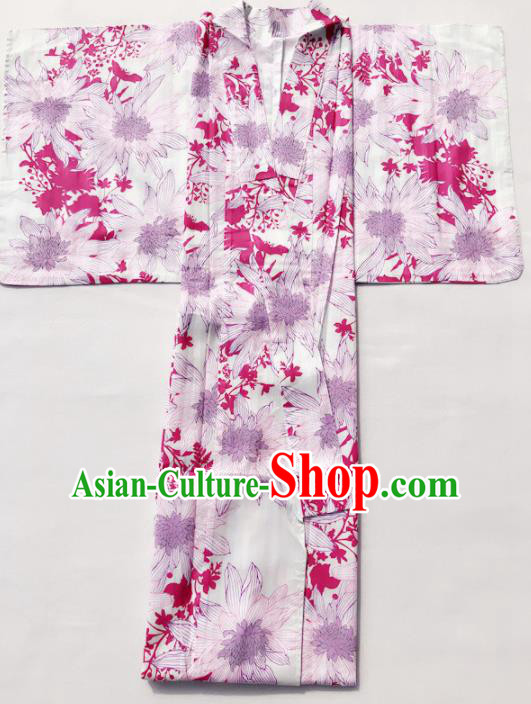 Traditional Japanese Classical Printing Dahlia Light Purple Kimono Asian Japan Costume Geisha Yukata Dress for Women