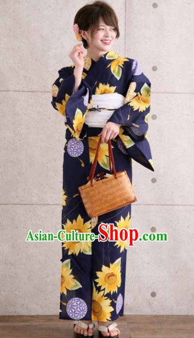 Japanese Classical Printing Sunflowers Navy Kimono Asian Japan Traditional Costume Geisha Yukata Dress for Women