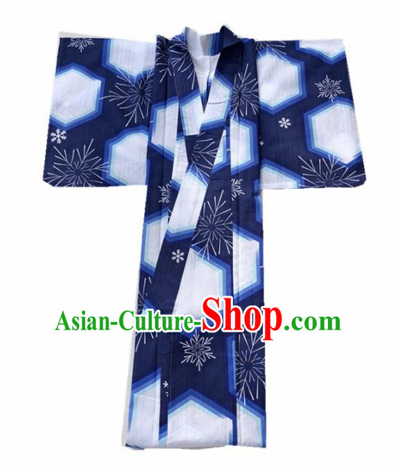 Japanese Classical Printing Snowflake Blue Kimono Asian Japan Traditional Costume Geisha Yukata Dress for Women