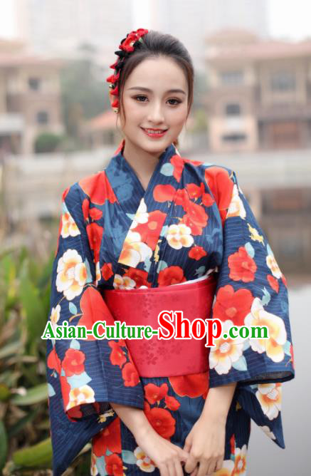 Japanese Traditional Classical Printing Navy Kimono Asian Japan Costume Geisha Yukata Dress for Women
