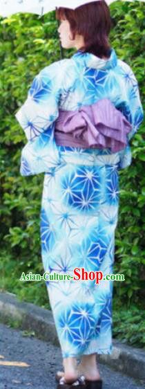 Japanese Traditional Classical Printing Blue Kimono Asian Japan Costume Geisha Yukata Dress for Women