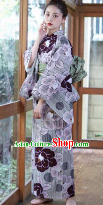 Japanese Traditional Printing Peony Grey Kimono Asian Japan Costume Geisha Yukata Dress for Women