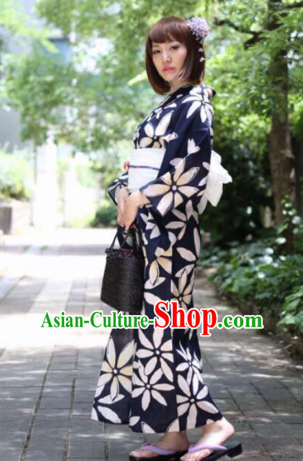 Japanese Traditional Classical Printing Navy Kimono Asian Japan Costume Geisha Yukata Dress for Women