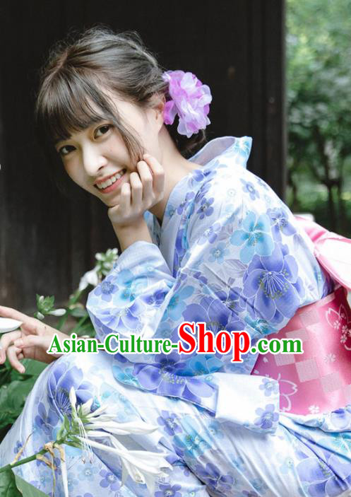 Japanese Classical Printing Flowers Kimono Asian Traditional Japan Costume Geisha Yukata Dress Complete Set for Women