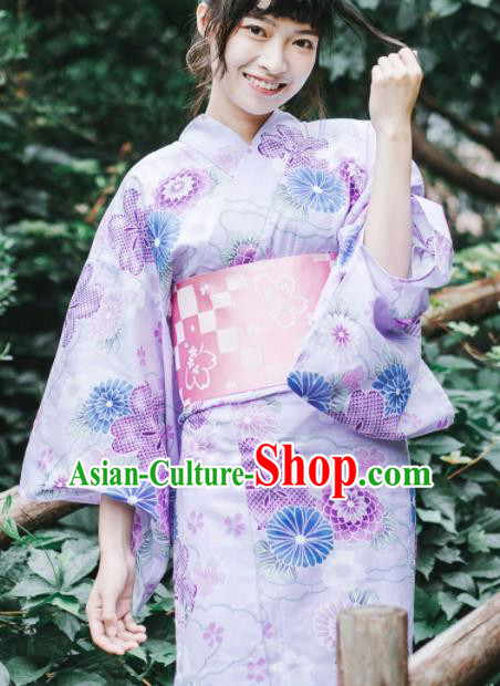Japanese Classical Printing Violet Kimono Asian Traditional Japan Costume Geisha Yukata Dress Complete Set for Women
