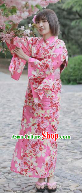 Japanese Classical Printing Sakura Pink Kimono Asian Traditional Japan Costume Geisha Yukata Dress Complete Set for Women