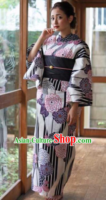 Japanese Traditional Printing Chrysanthemum Kimono Asian Japan Costume Geisha Yukata Dress for Women